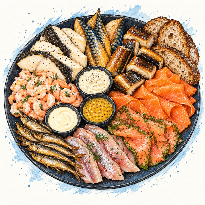 Illustration einer Fischplatte mit Räucherfisch, Lachs, Matjes, Crevetten, Dips und Sauerteigbrot.
